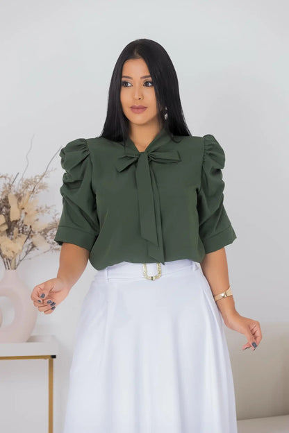 Blusa Feminina Gizele Gola Laço Crepre Seda Manga Franzida