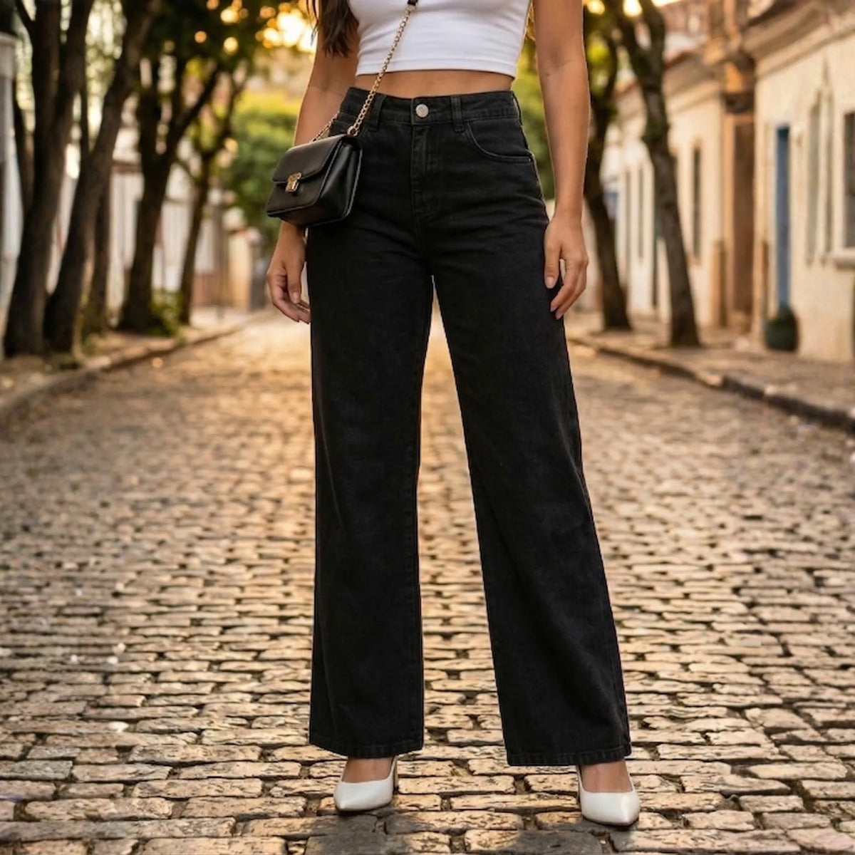 Calça Jeans Wide Leg Feminina Cintura Alta Caimento Perfeito