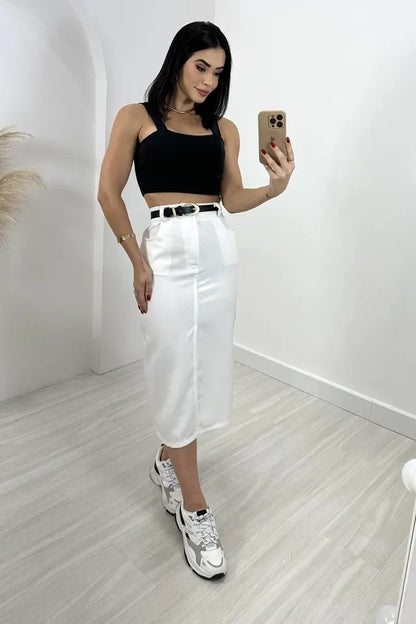 Saia Midi Lápis Alfaiataria Com Fenda Frontal Bolso Laterais