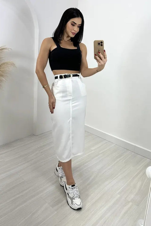 Saia Midi Lápis Alfaiataria Com Fenda Frontal Bolso Laterais