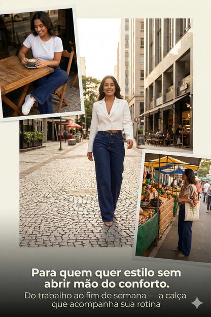 Calça Jeans Wide Leg Feminina Cintura Alta Sem Lycra Stillge