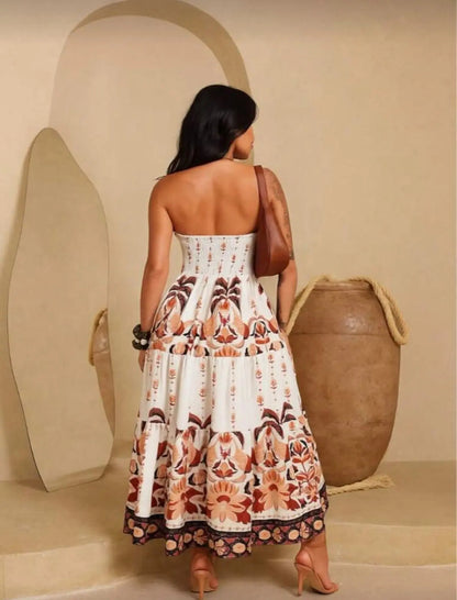 Lightweight Elastic Floral Strapless Long Dress Summer Fashion