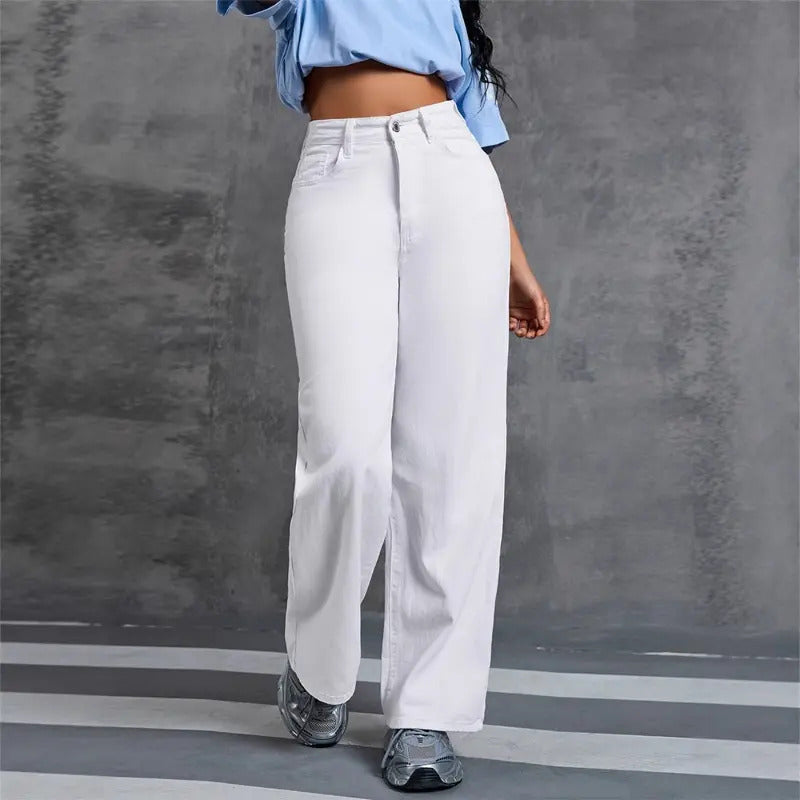 Calça Jeans Feminina Cintura Alta Lavada Reta Solta ,