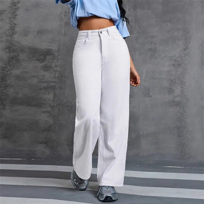 Calça Jeans Feminina Cintura Alta Lavada Reta Solta ,
