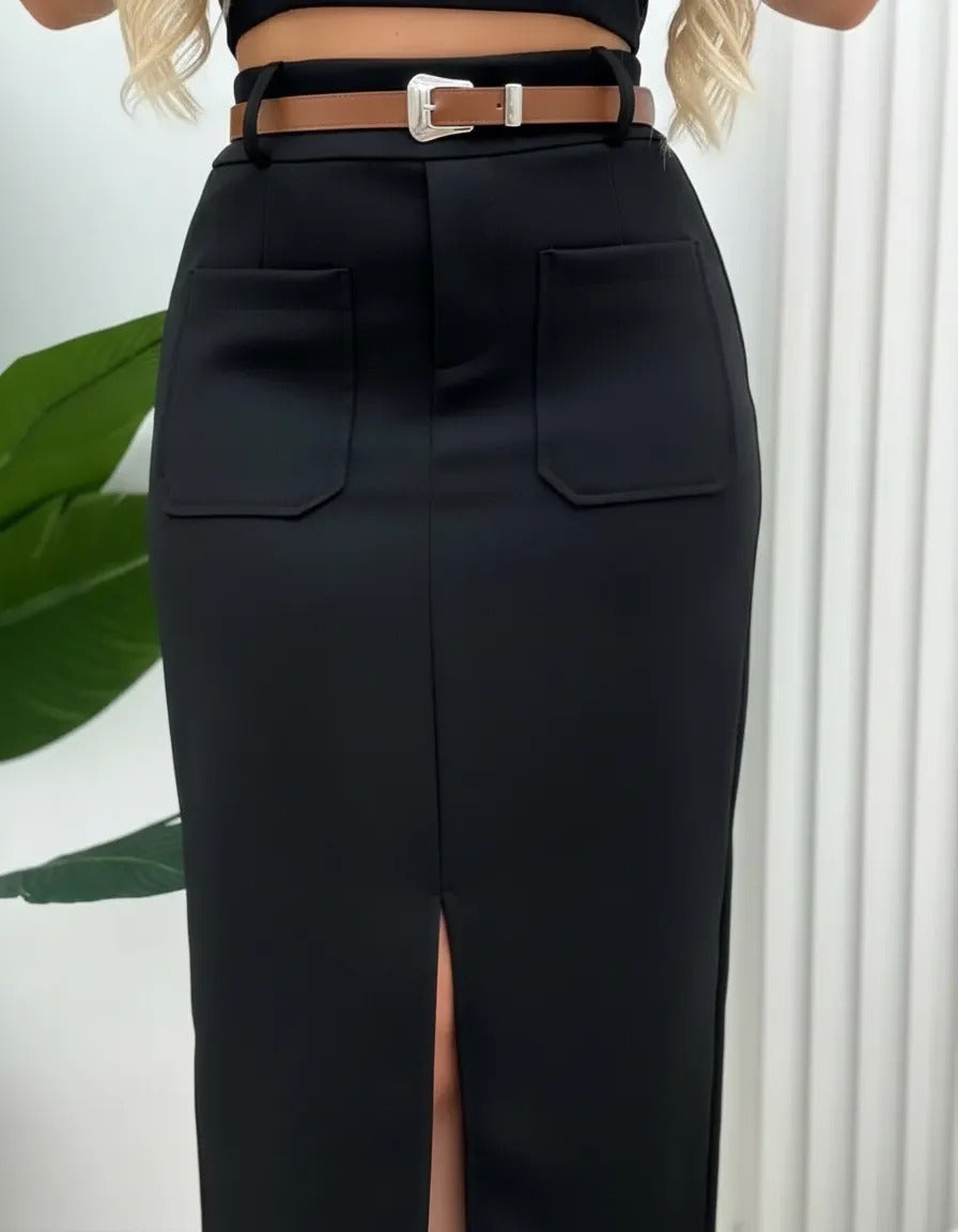 Saia Midi Feminina Com Cinto E Fenda Casual 2025