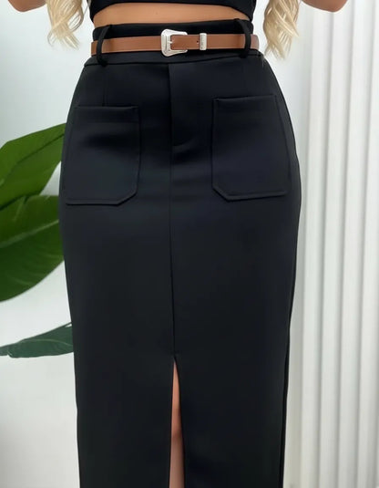 Saia Midi Feminina Com Cinto E Fenda Casual 2025
