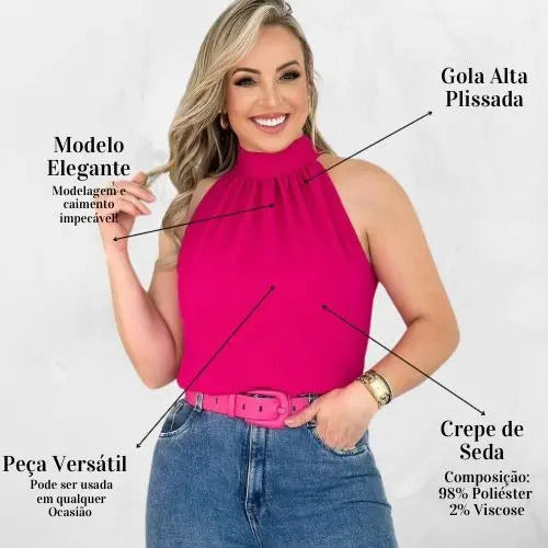 Blusa Feminina Regata Gola Alta Plissada Elegante