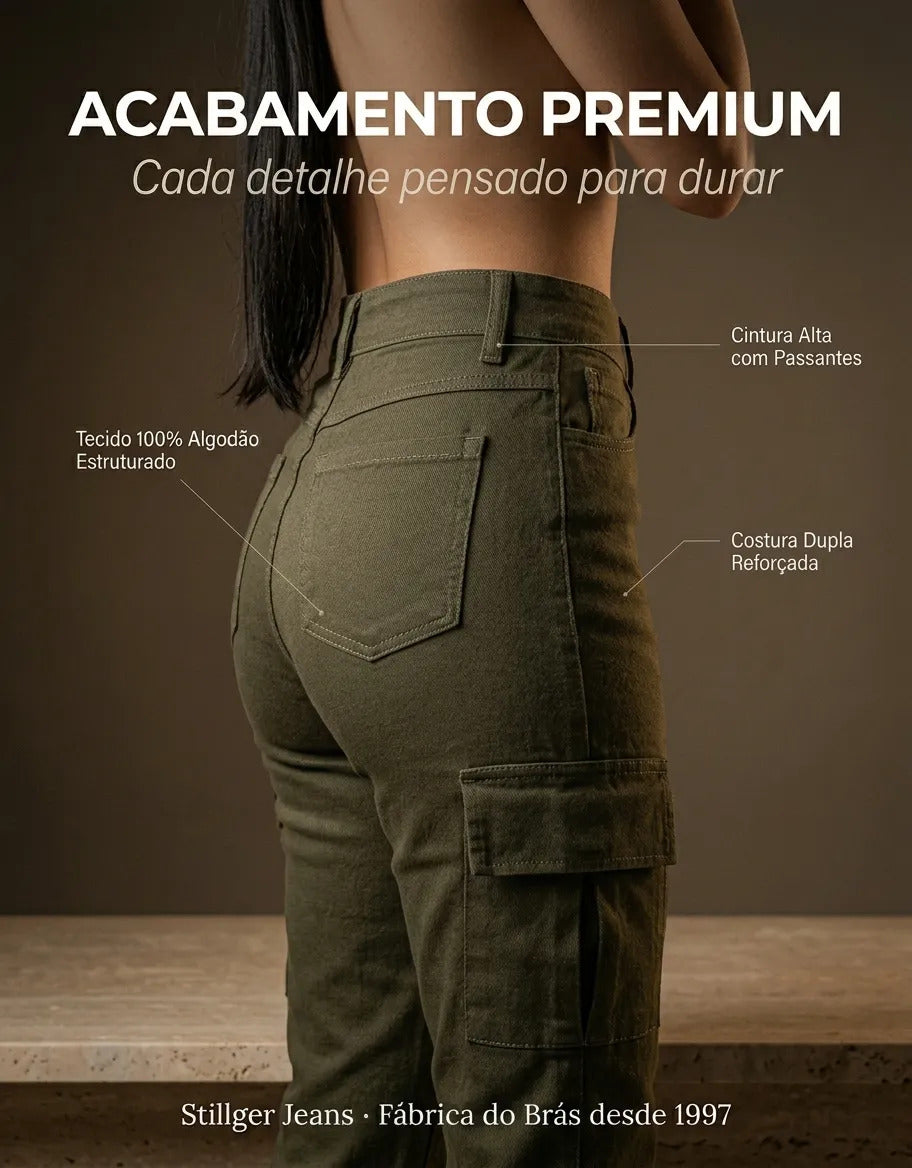Calça Cargo Feminina Wide Leg Cintura Alta Jeans  Stillger