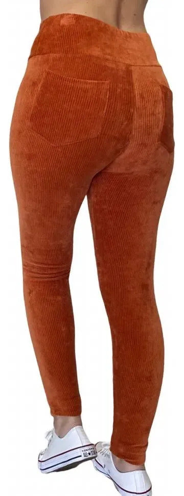 Calça Legging Veludo Cotelê Com Bolso Cós Alto Inverno