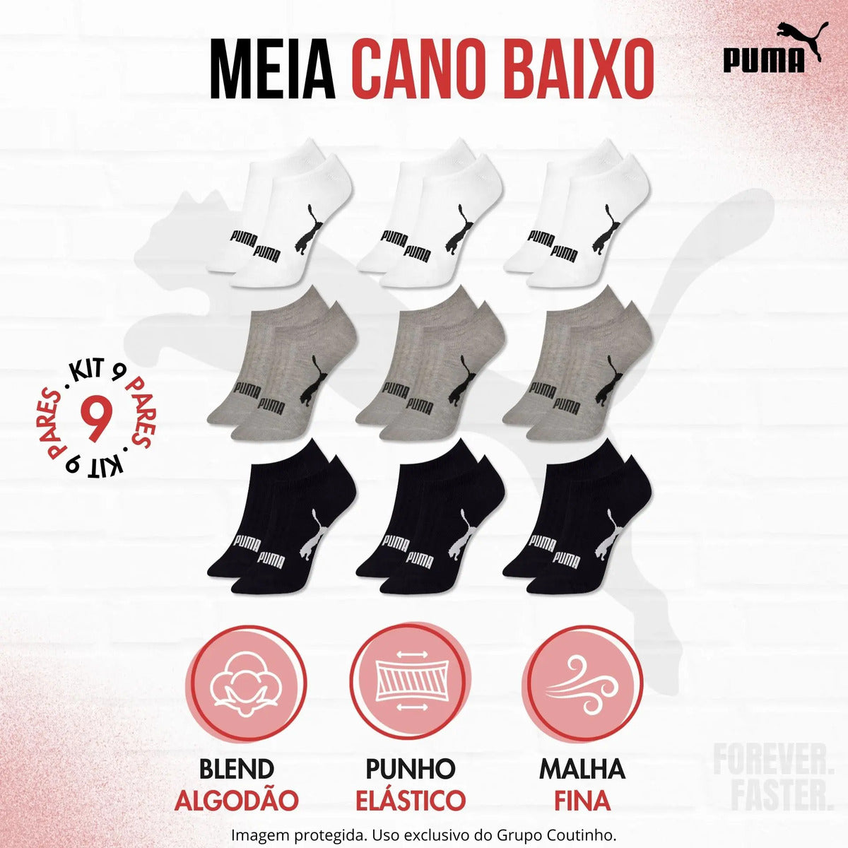 Kit 9 Pares Meias Invisível Puma Sapatilha Soquete Original