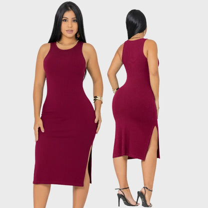 Vestido Canelado Midi Regata Com Fenda Zero Transparência