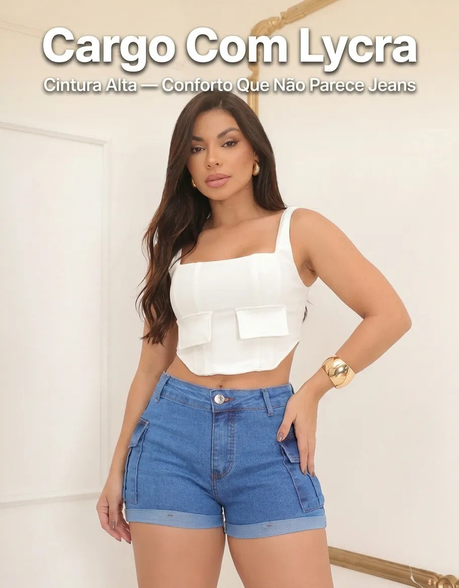 Short Jeans Feminino Shorts Cargo Com Lycra Cintura Alta