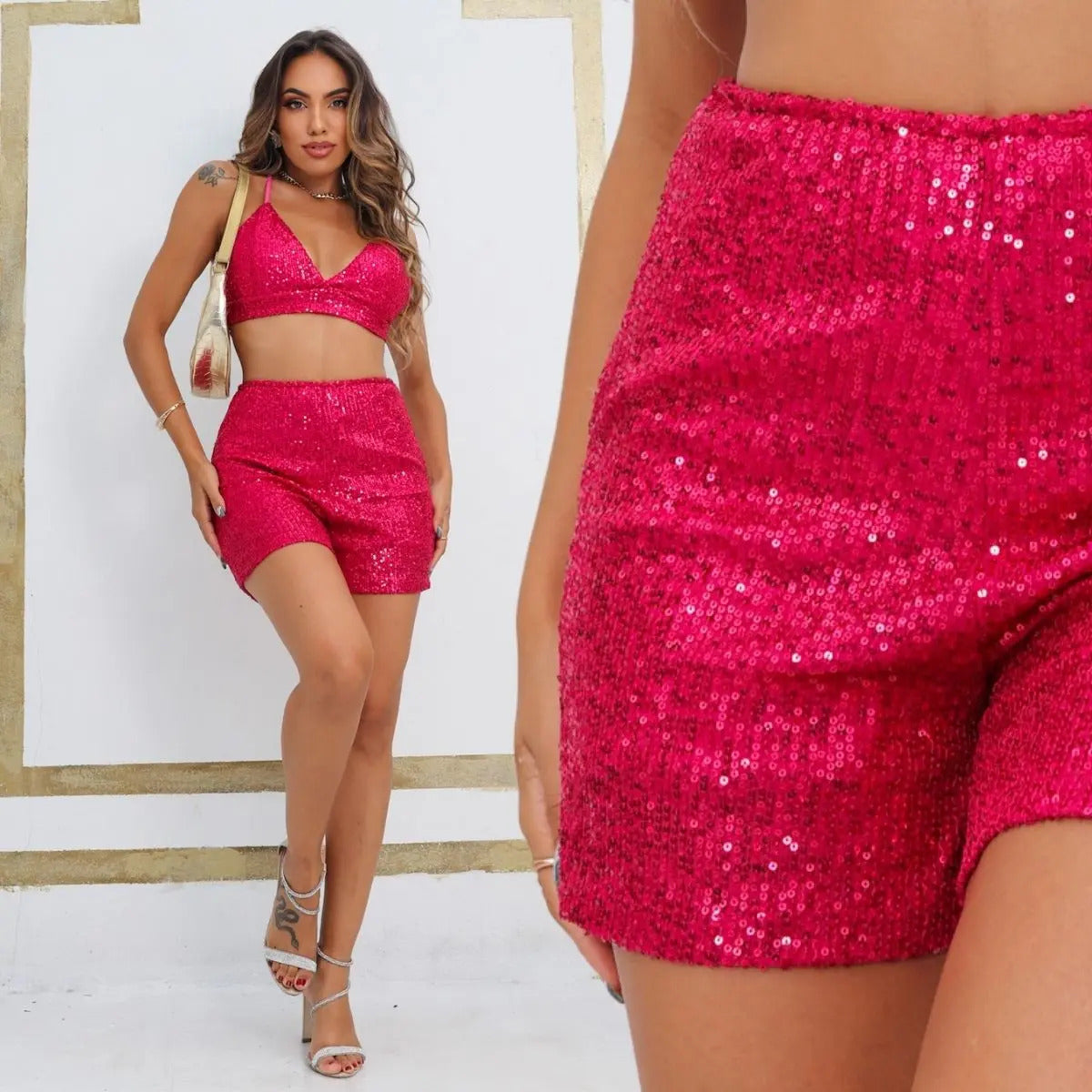 Short Bermuda Feminino Cintura Alta Paetê Balada Moda Brilho