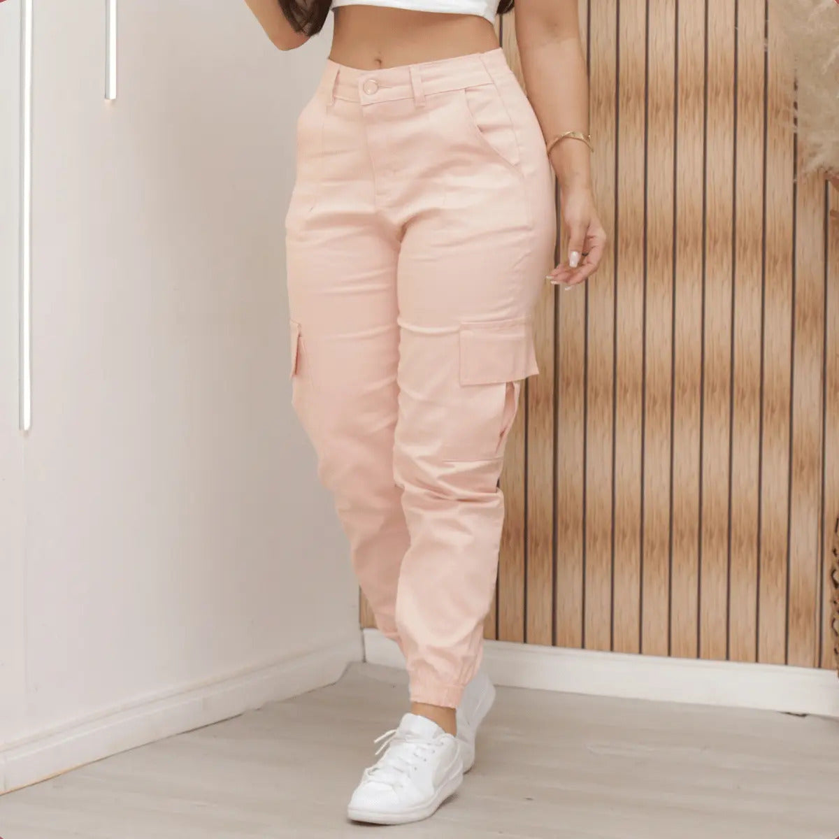 Calça Cargo Jogger Jeans Feminina Cintura Alta Com Lycra