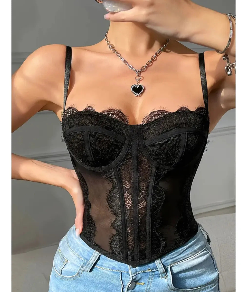 Cropped Corset Renda Ajustavel Top Curto E Sexy Com Alça