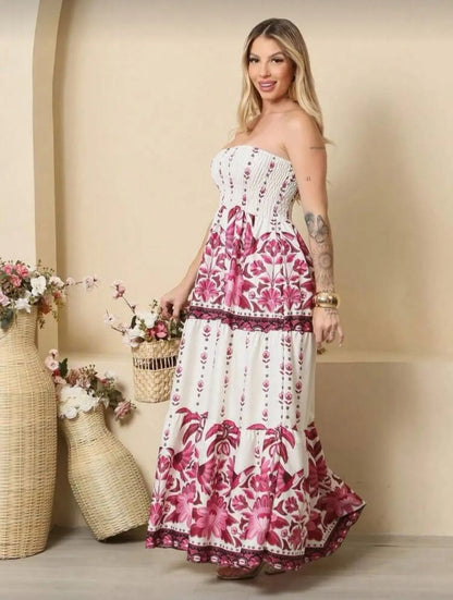 Lightweight Elastic Floral Strapless Long Dress Summer Fashion