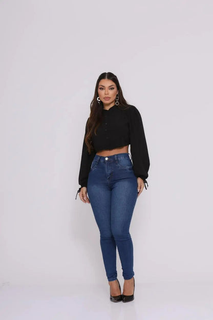 Calça Preta Jeans Feminina Com Elastano Cintura Alta Skinny