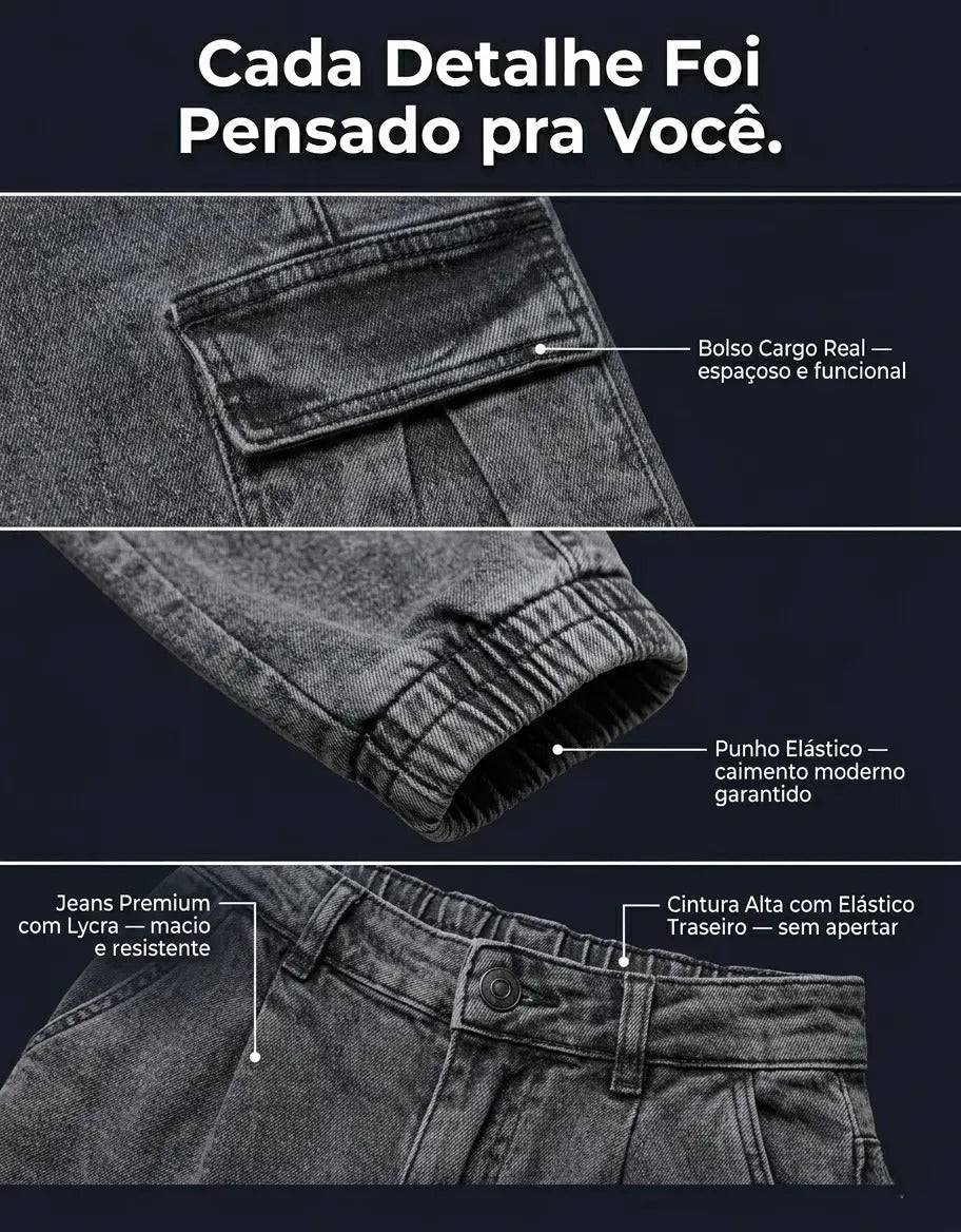 Calça Cargo Jogger Jeans Feminina Cintura Alta Com Lycra
