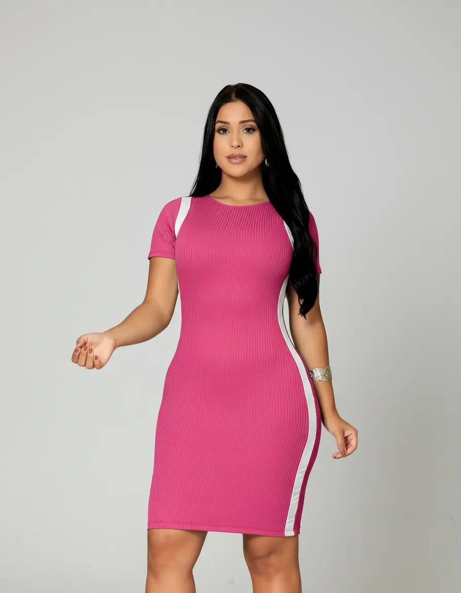Vestido Canelado Curto Com Manga Casual Básico Modelador
