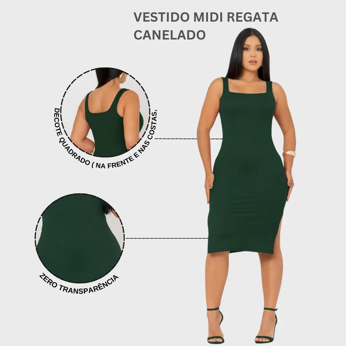 Vestido Midi Canelado Premium Com Alça E Fendas Casual Básico