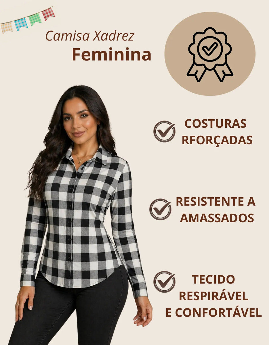 Camisa Xadrez Longa Blusa Manga Festa Junina Social De Botão
