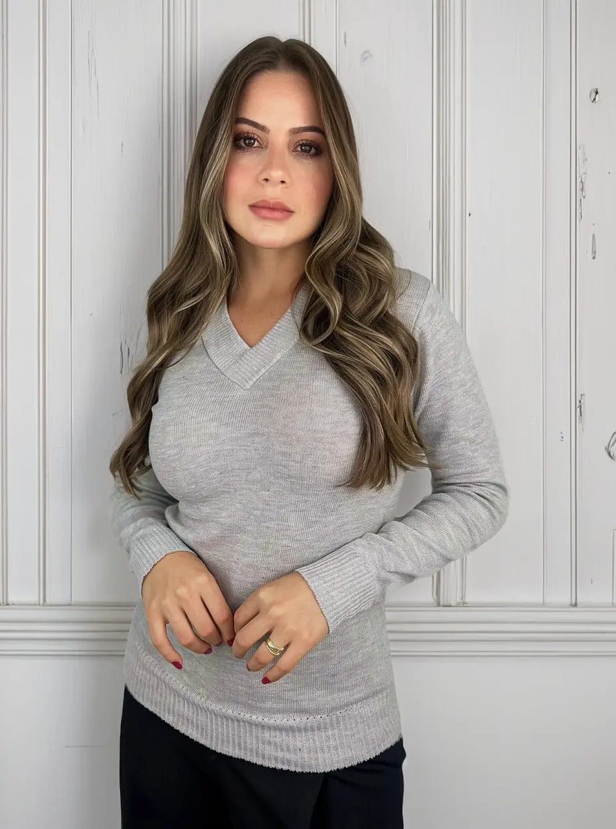 Blusa Trico Basica De Frio Feminina Decote V Manga Longa