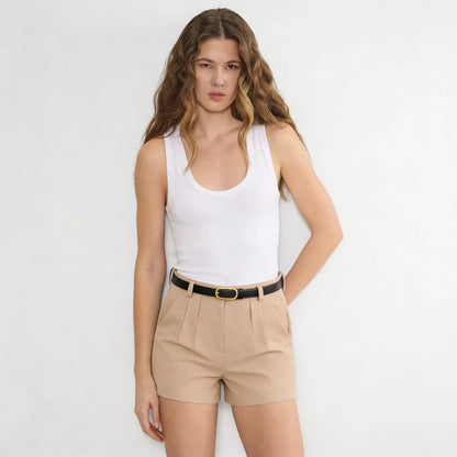 Short Alfaiataria Feminino Social Cintura Alta Cinto Bolso