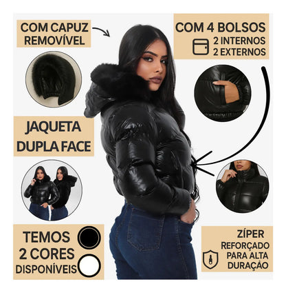 Jaqueta Feminina De Inverno Cropped Dupla Face Com Capuz