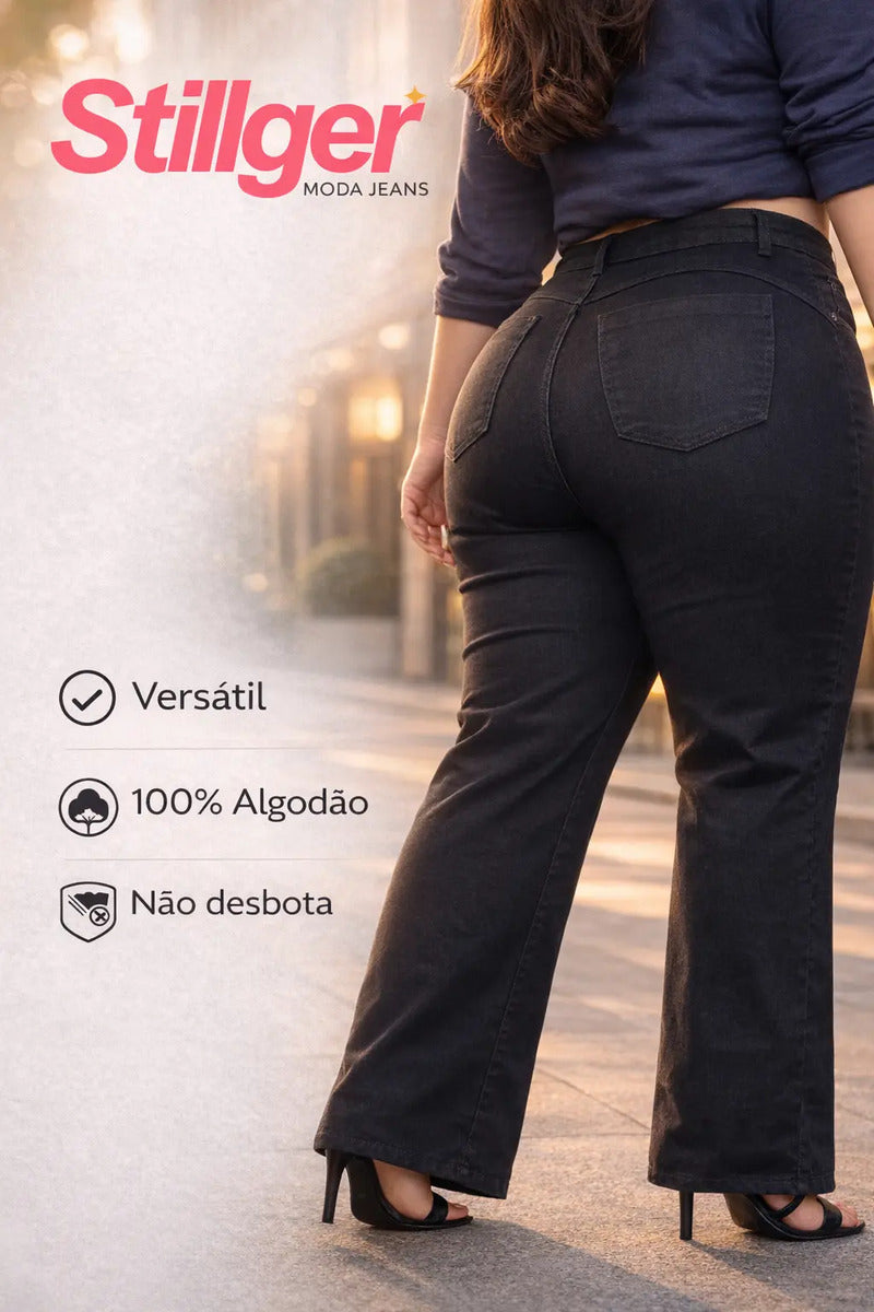 Calça Plus Size Jeans Feminina Wide Leg Levanta Bumbum