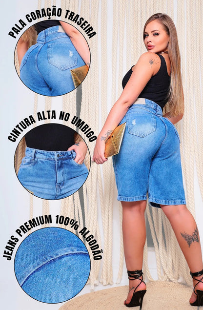 Bermuda Jeans Feminina Comprida Jorts Cintura Alta Casual