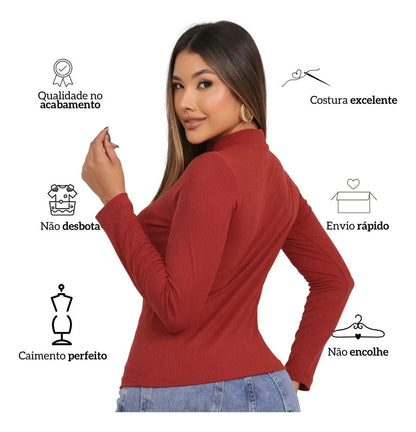 Blusa Feminina Canelada Gola Alta Manga Comprida Cacharrel