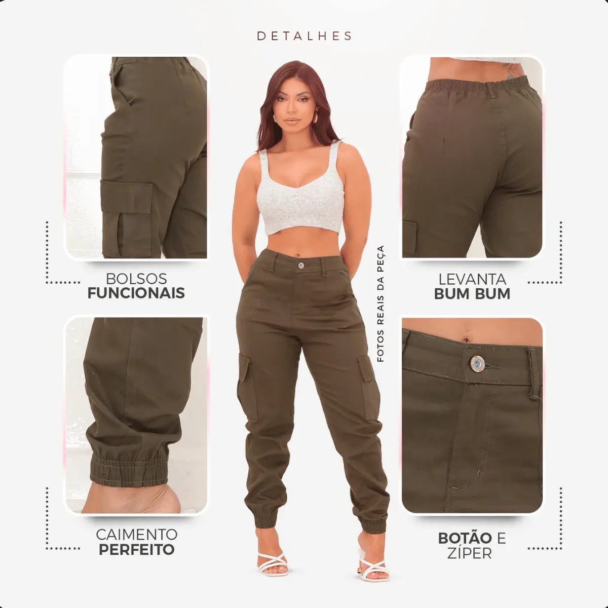 Calça Cargo Jogger Jeans Feminina Cintura Alta Com Lycra