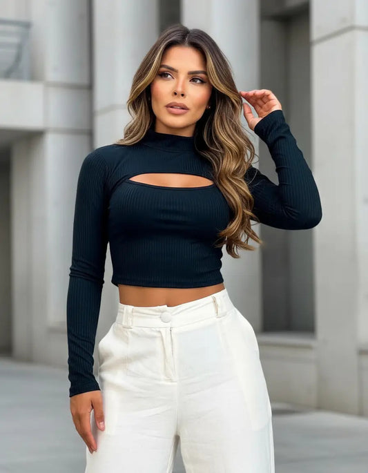 Cropped Gringa Manga Longa Blusinha Blogueira Gola Alta