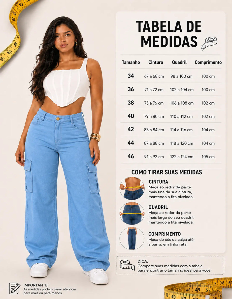 Calça Cargo Feminina Wide Leg Cintura Alta Jeans  Stillger