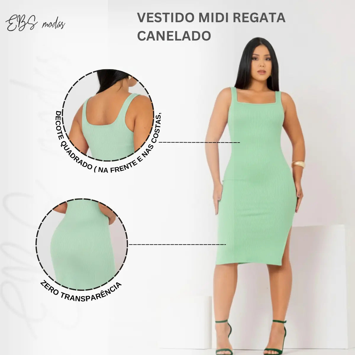 Vestido Midi Canelado Premium Com Alça E Fendas Casual Básico
