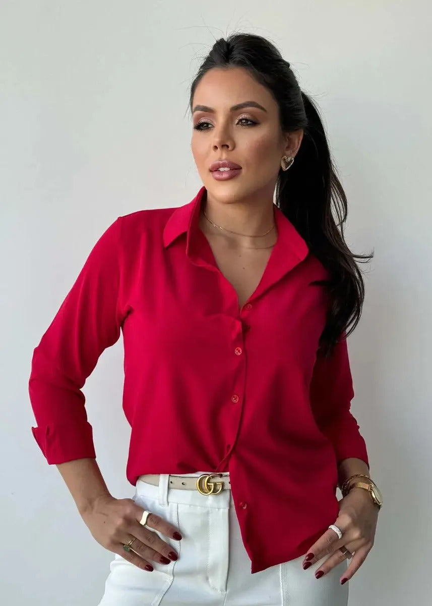 Camisa Seda Feminina Botão Gringa Blusa Moda Clássica 2026
