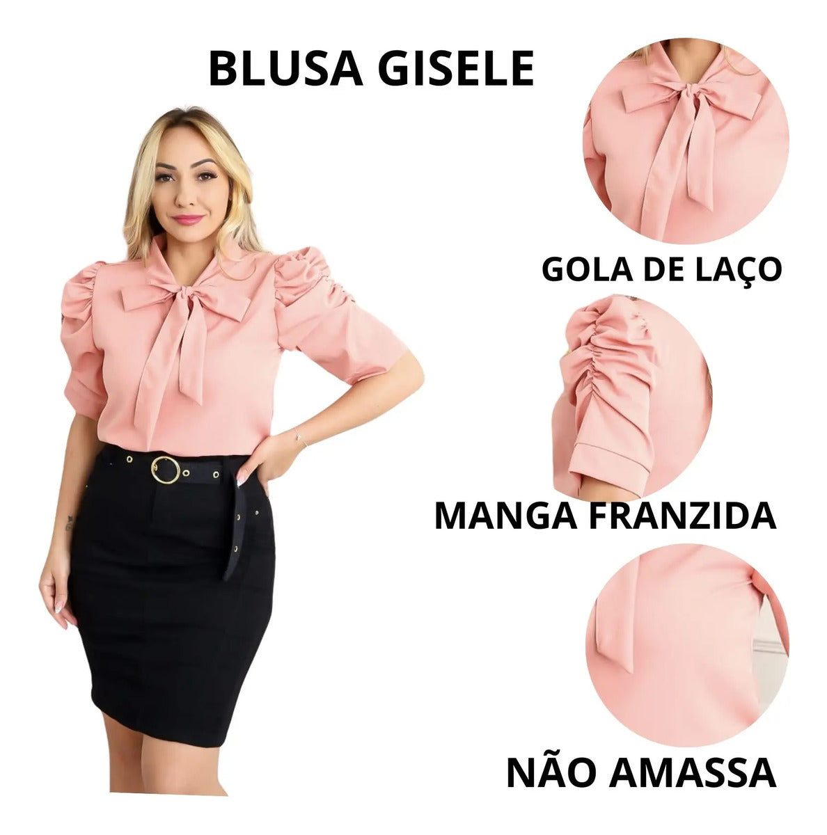 Blusa Feminina Gizele Gola Laço Crepre Seda Manga Franzida
