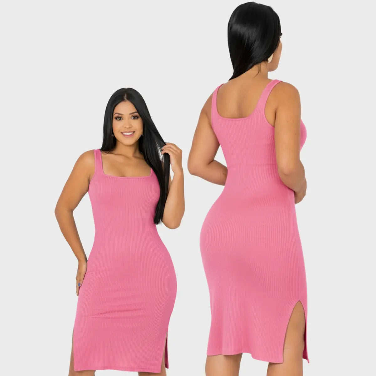 Vestido Midi Canelado Premium Com Alça E Fendas Casual Básico