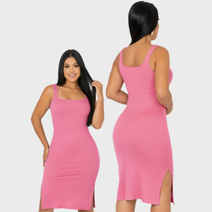 Vestido Midi Canelado Premium Com Alça E Fendas Casual Básico