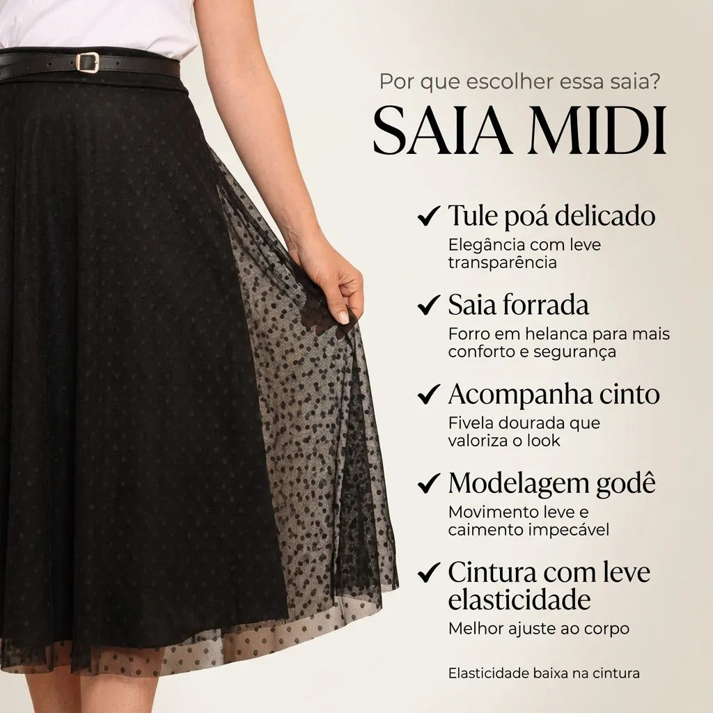 Saia Moda Evangélica Godê De Tule Mídi Com Cinto Moda Cristã