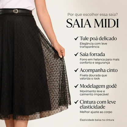Saia Moda Evangélica Godê De Tule Mídi Com Cinto Moda Cristã