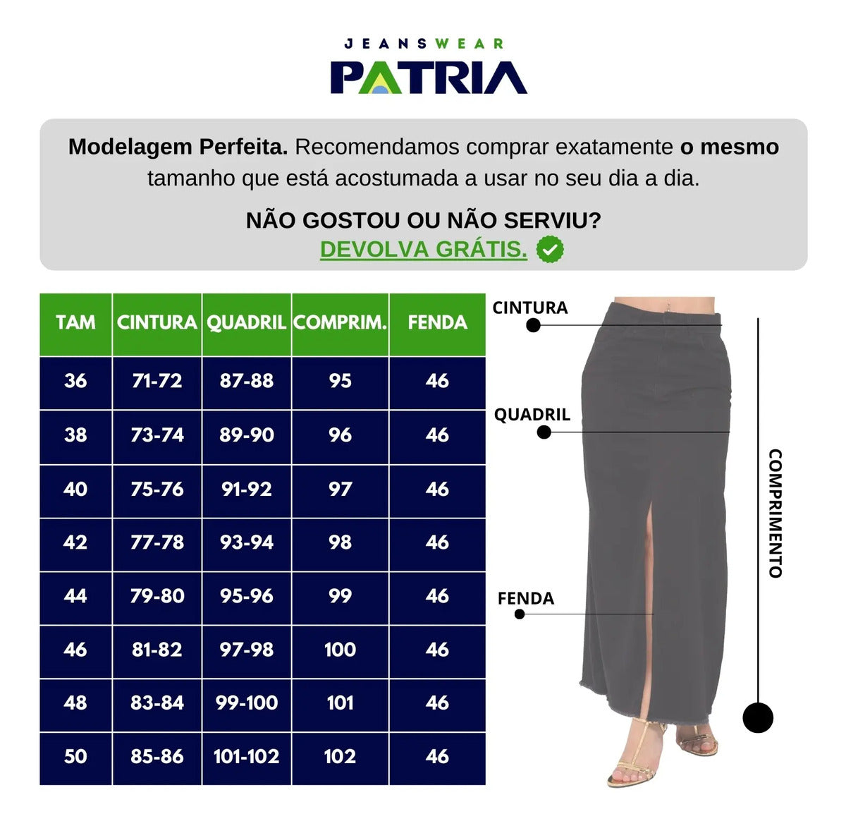 Saia Midi Longa Feminina Cintura Alta Com Fenda Sarja Grossa