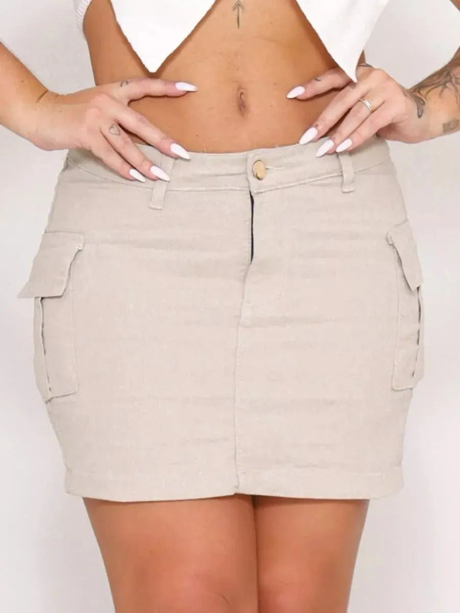 Saia Cargo Feminina Mini Jeans Algodão C/ Lycra