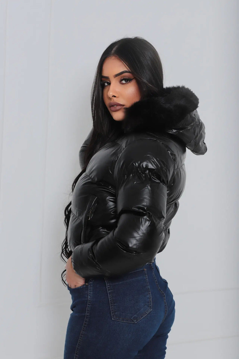 Jaqueta Feminina De Inverno Cropped Dupla Face Com Capuz