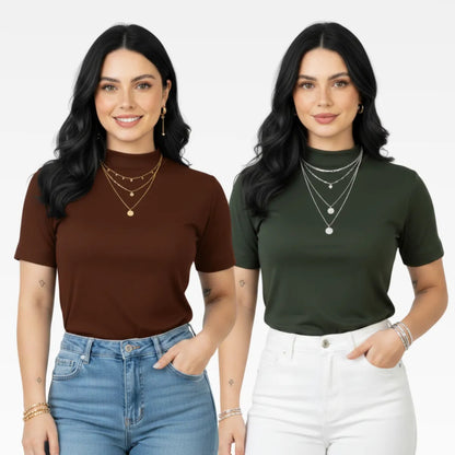 Kit 2 Blusas Camiseta Feminina T Shirt Gola Alta Inverno