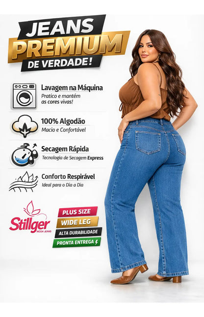 Calça Plus Size Jeans Feminina Wide Leg Levanta Bumbum