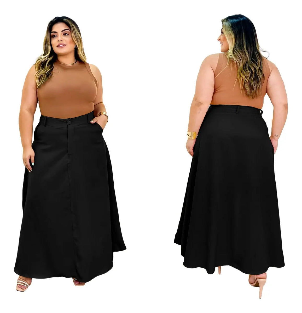 Saia Alfaiataria Plus Size Rodada Evasê Cós Alto Evangélica