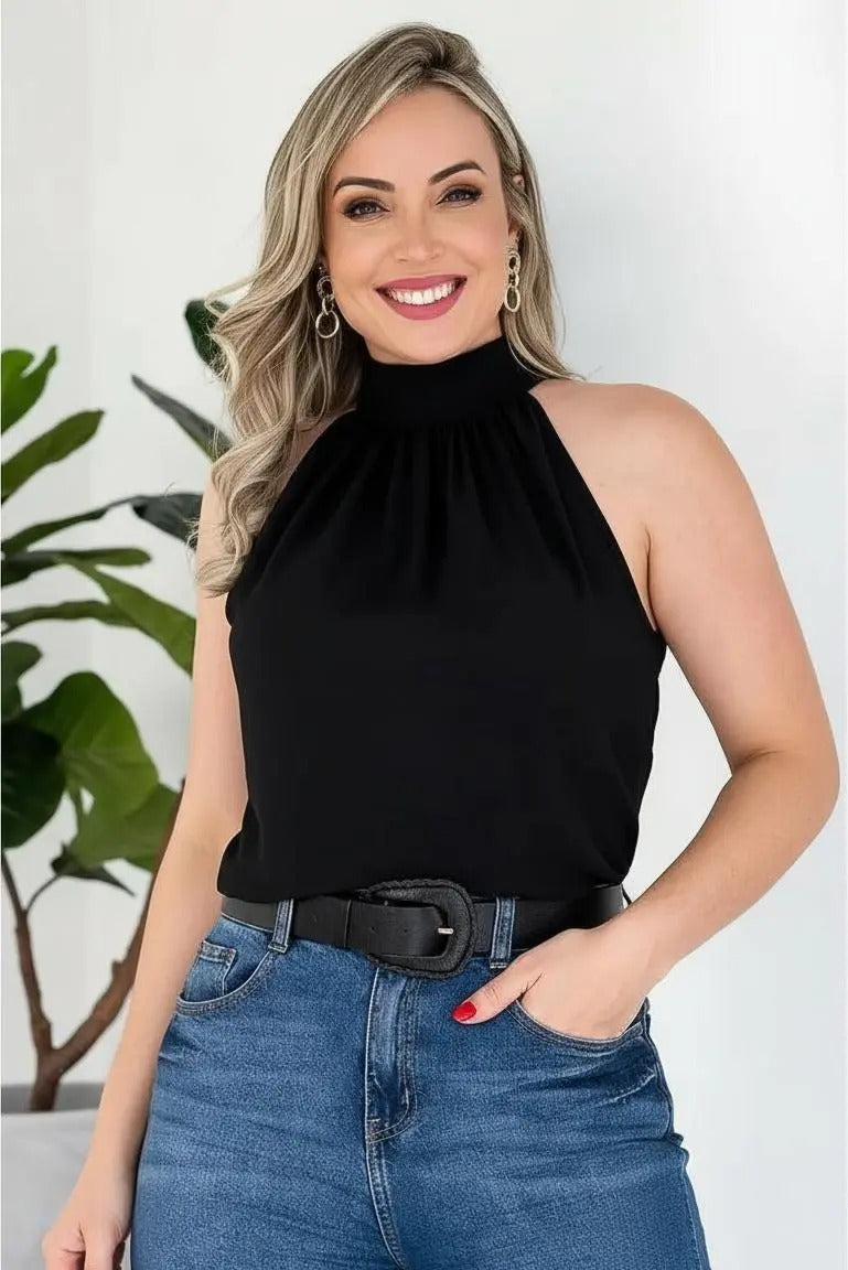 Blusa Feminina Regata Gola Alta Plissada Elegante
