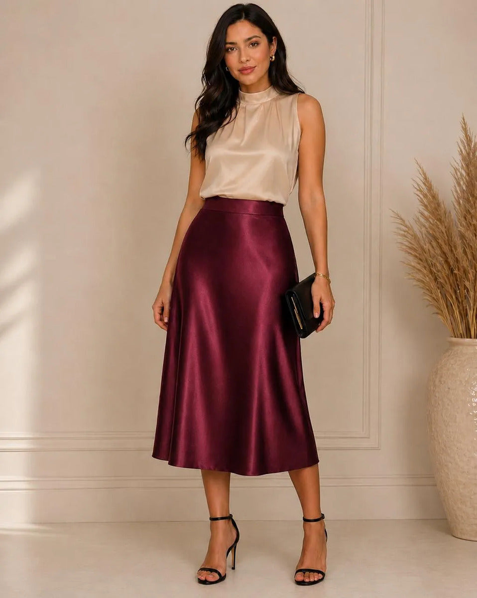 Saia Cetim Feminina Midi Brilho Moda Elegante Full