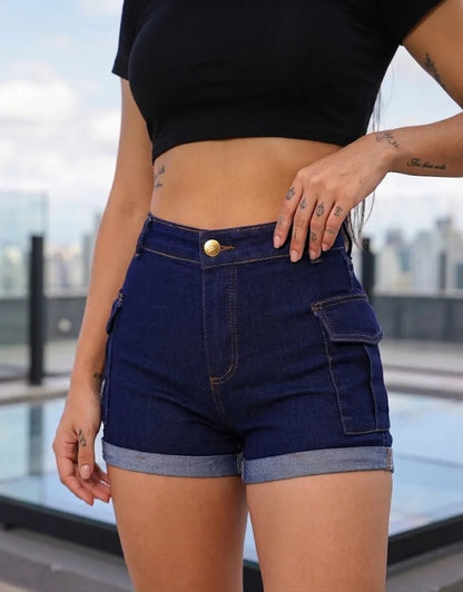 Short Jeans Feminino Shorts Cargo Com Lycra Cintura Alta